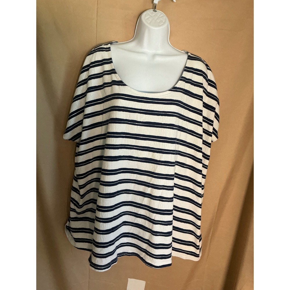 Lands' End Striped Scoop Neck Top Womens 2X White Navy Textured Short Sleeve
